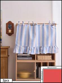 1/2pcs Rod Pocket Decorative Cabinet Curtain, Brown Striped Ruffled Short Curtain For Bathroom, Kitchen Sink, Home, Classroom, Farmhouse, Country Style, Under Table Privacy Curtain, Laundry Room - Blue - View 13