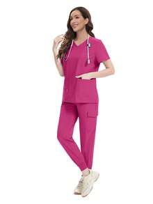 Conjunto de uniforme de médica/enfermera para mujer, bata quirúrgica de sala de operaciones de hospital, ropa de trabajo para spa de belleza - Rosa Fucsia - Ver 5