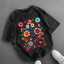 Blusa Vintage de Cuello Redondo y Manga Corta con Estampado Floral - Camiseta Casual Lavada Suave Ideal para Verano, Top Retro Lavable a Máquina - Negro - Ver 2