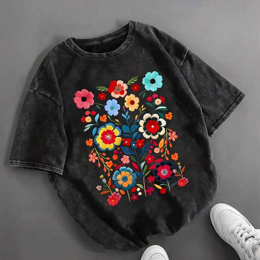 Blusa Vintage de Cuello Redondo y Manga Corta con Estampado Floral - Camiseta Casual Lavada Suave Ideal para Verano, Top Retro Lavable a Máquina