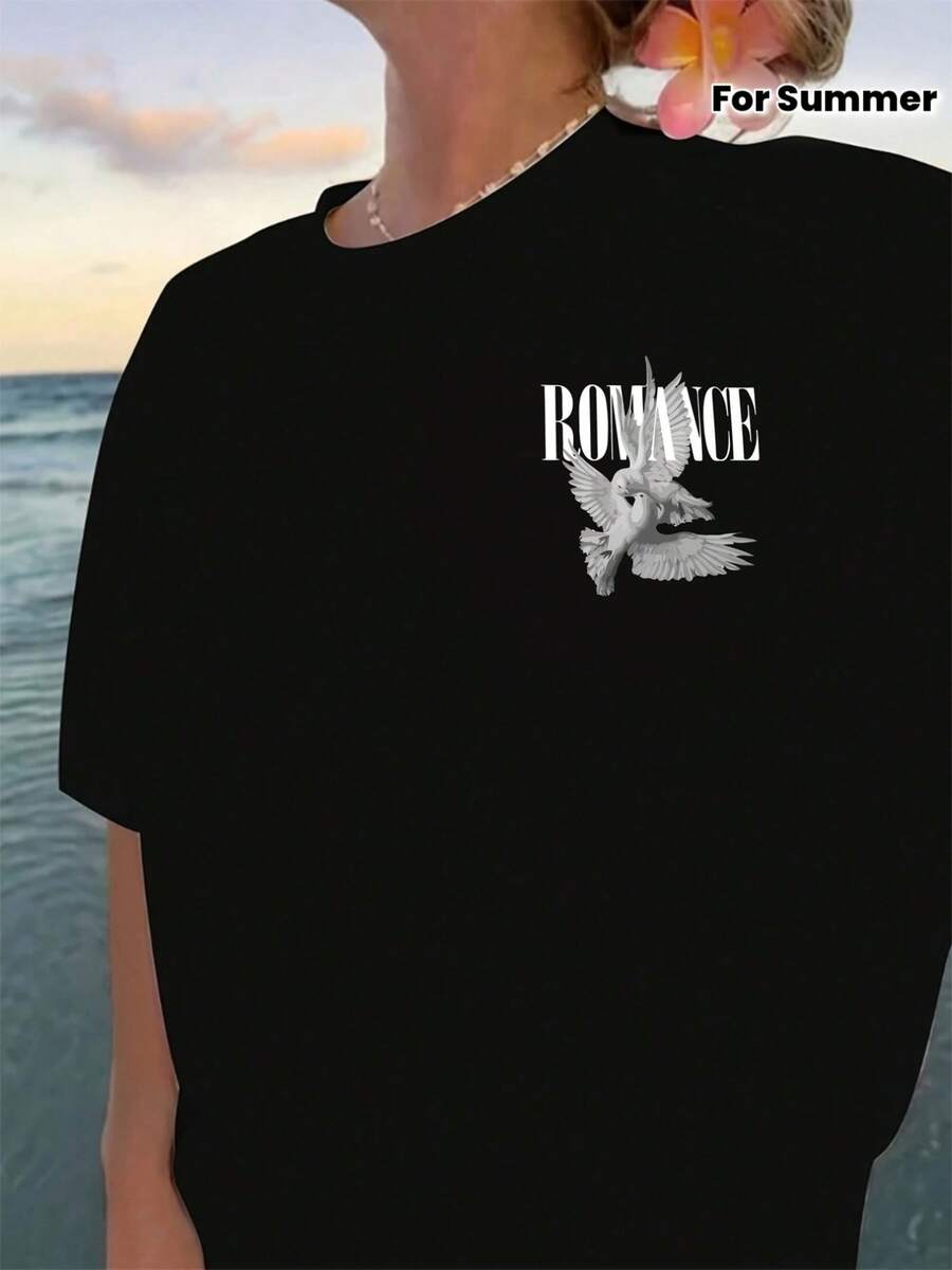 Camiseta ROMANCE con estampado de paloma, manga corta, cuello redondo, top casual para verano y primavera, ropa de mujer