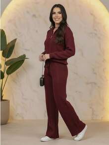 Knitted Set With Zippered Blouse And Pants. - Red - View 4