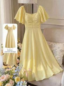 Vestido elegante y romántico de manga corta, cintura recogida y plisado en A, de longitud media, en color amarillo tejido, para primavera/ver - Amarillo - Ver 7