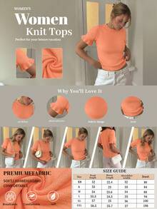 Atasan Kaos Wanita Kasual Warna Polos Kerah Bulat dengan Hiasan Rumbai dan Lipatan Lengan Pendek Longgar Bahan Campuran Wol, Musim Semi/Musim Gugur/Panas - Coral Orange - View 8