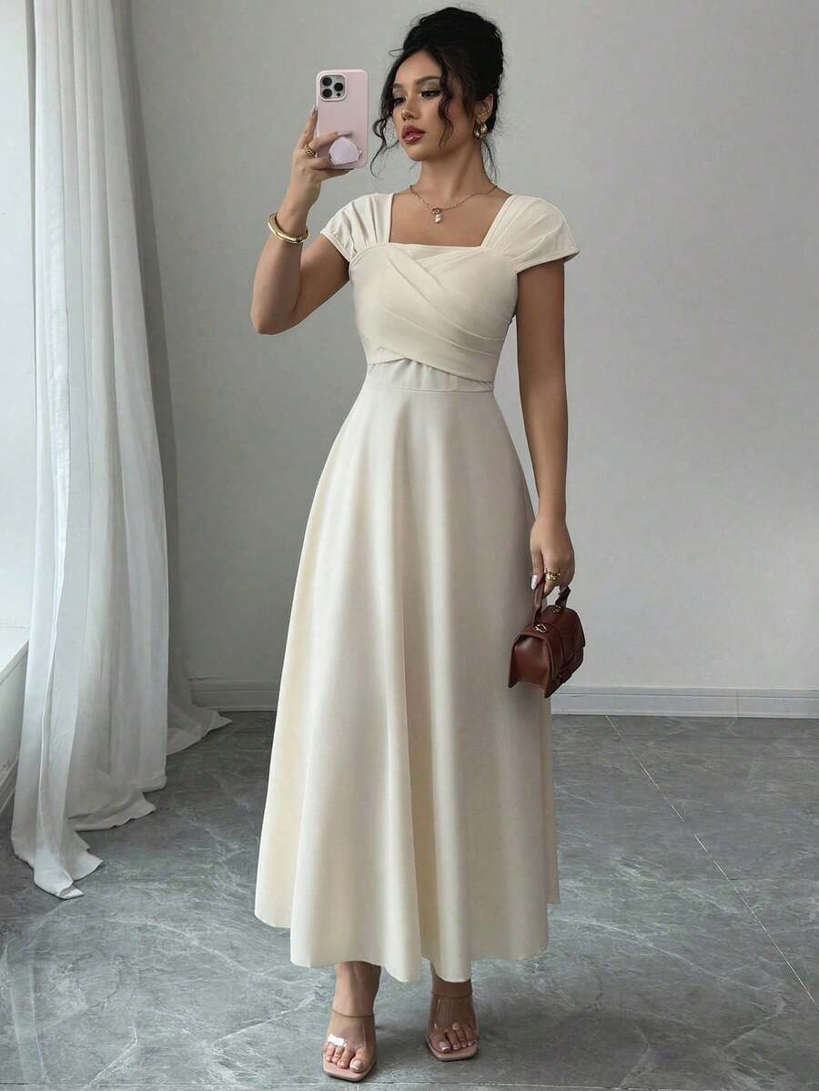 Women's Solid Color Dress, Square Neck, Short Sleeves, Minimalist Everyday Wear - 杏色 - 查看 1