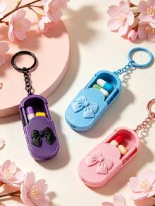 Portable Mini Pill Box With Bow, Portable Pill Box With Keychain, Office Worker Pill & Vitamin Storage Box, Handmade Mini Pill Box, Travel Medicine Storage Box, Daily Vitamin Pill Box, Pocket Pill Box, Compact Pill Box, Daily Pill Storage Container, Waterproof Pill Box Daily Medication Organizer, Keychain, Home Essential, Travel Essential - Multicolor - View 2