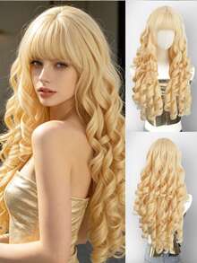 28 Inch Blonde Spiral Curly Synthetic Wig With Bangs, Long Heat-Resistant Full Wig For Women, Natural Cosplay And Daily Party Wig - Gold - View 11
