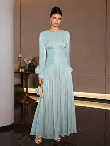 Women's Elegant Long Sleeve Round Neck Pleated Formal Dress, Flared Hem Woven Fabric Maxi Dress Wedding Party Fall - Mint Green - View 3