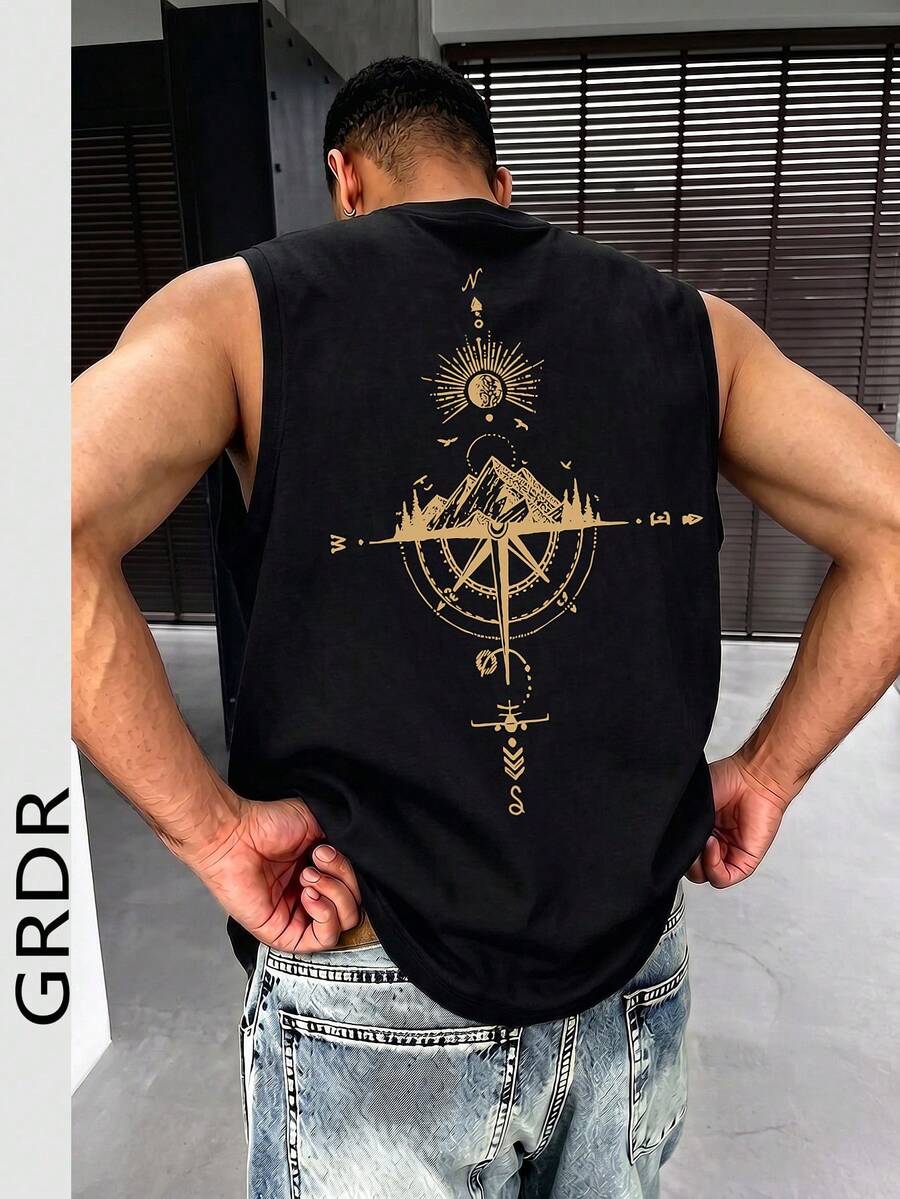 GRDR 男士夏季指南针和山峰印花休闲无袖背心 - 黑色 - 查看 1