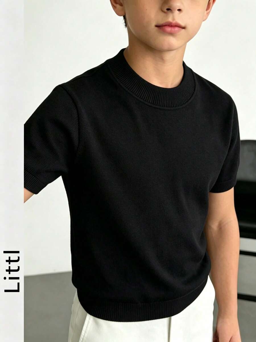 Boys' Solid Color Mock Neck Slim Fit Knit Short Sleeve T-Shirt - Black - View 1