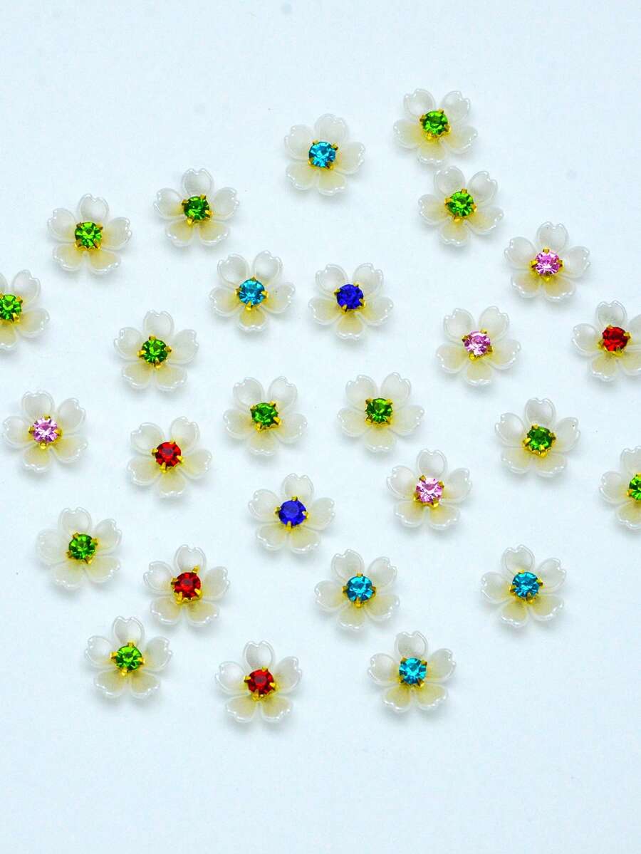 102颗/包,14毫米混色水晶水钻五瓣花,白色迷你花朵,手工树脂小花配件,适用于蝴蝶结发饰、包包、服装、珠宝DIY装饰 - 混色 - 查看 1