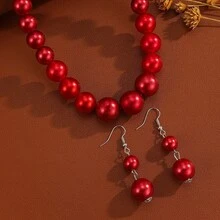 1 Set Luxury Faux Pearl Beaded Necklace & Earrings Set, Women's Banquet Party Dress Accessories - A Set Of Imitation Pearl Necklace and Earrings - View 5