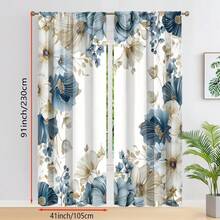 2pcs Elegant Floral Pattern White, Blue And Green 2D Flat Print Curtains. Rod Pocket Design, Semi-Transparent Polyester Curtains Suitable For Decorating Your Living Room, Bedroom, Office Or Kitchen - Multicolor - View 11