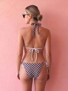 August vacation Conjunto de bikini con estampado geométrico y cuello halter para mujer - Multicolor - Ver 3