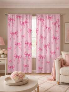 2pcs Pink Bow Print Curtains, Rod Pocket Polyester Bedroom Curtains, Sweet Romantic Home Decor, Living Room Bay Window Curtains, Room Soft Furnishing Textile - Multicolor - View 11