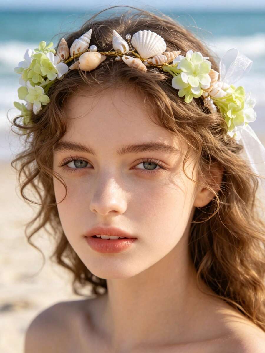1件女款森系花卉貝殼手工髮箍 白色海灘髮飾 春季戶外派對配件 新娘婚禮頭飾 - 綠色 - 查看 1
