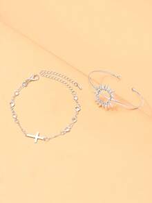 2 pièces/set Ensemble de bracelets empilables pour femmes, bracelet soleil et bracelet croix en strass, convient pour le port quotidien, le bureau, les vacances et les cadeaux - Strass - Voir 8