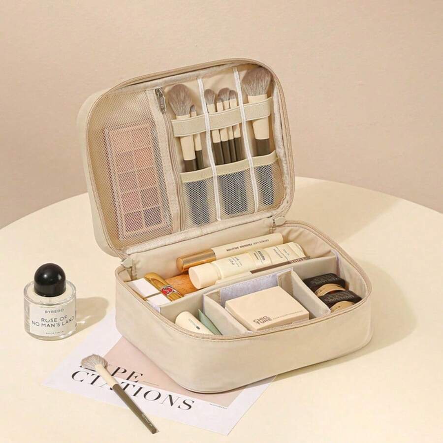 Portable Makeup Organizer, 2 Styles (Single/Double Layer) Cosmetic Bag with Brush Slots, Ideal for Travel, Daily Use & Storing Brushes, Lipsticks - Beige, einlagig - Übersicht 1