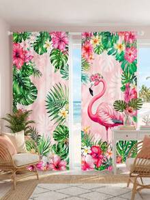 2pcs Flamingo Print Curtains,Tropical Floral Leaf Rod Pocket Curtains,Pink Girly Bedroom Curtains,Boho Home Decor,Living Room Balcony Window Treatments,Vacation Style Room Setting,Curtain Panels - Multicolor - View 2