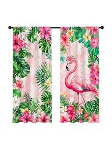 2pcs Flamingo Print Curtains,Tropical Floral Leaf Rod Pocket Curtains,Pink Girly Bedroom Curtains,Boho Home Decor,Living Room Balcony Window Treatments,Vacation Style Room Setting,Curtain Panels - Multicolor - View 10