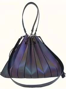 Large Capacity Shoulder Bag, Holographic Tote Bag, Drawstring Closure, Glow-In-The-Dark Geometric Handbag, Color-Changing Under Different Lighting, Foldable - Dusty Blue - View 10