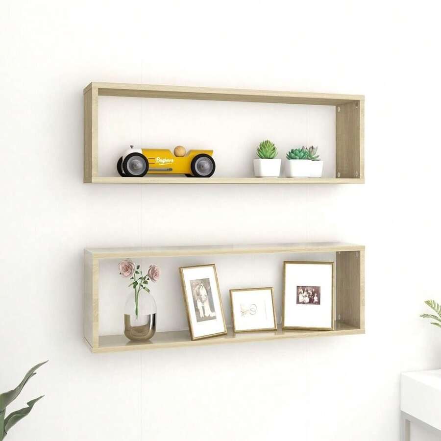 vidaXL Wall Shelf, Set Of 2, Wall-Mounted Shelf, Wall Storage With Ample Space For Books And Awards, Cube Shelf, Hanging Shelf, Bookshelf, Light Oak/Khaki Wood Composite - Light Oak Khaki - View 1
