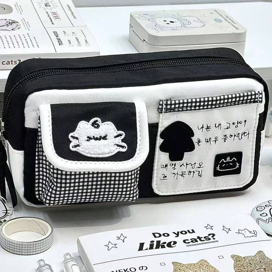 Cute Cat Patchwork Polka Dot Large Capacity Multi-Pocket Stationery Organizer Bag Suitable For School And Office - Polka Dot Kitten - View 1