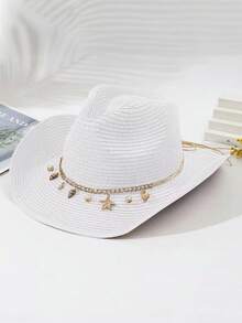 1pc Women's Fashion Straw Hat, Outdoor Beach Sun Hat, Wide Brim Spring/Summer British Style Cowboy Hat, Starfish Decor Sun Beach Hat, Foldable Panama Hat, Suitable For Daily Use Outdoor Gift - A - View 7