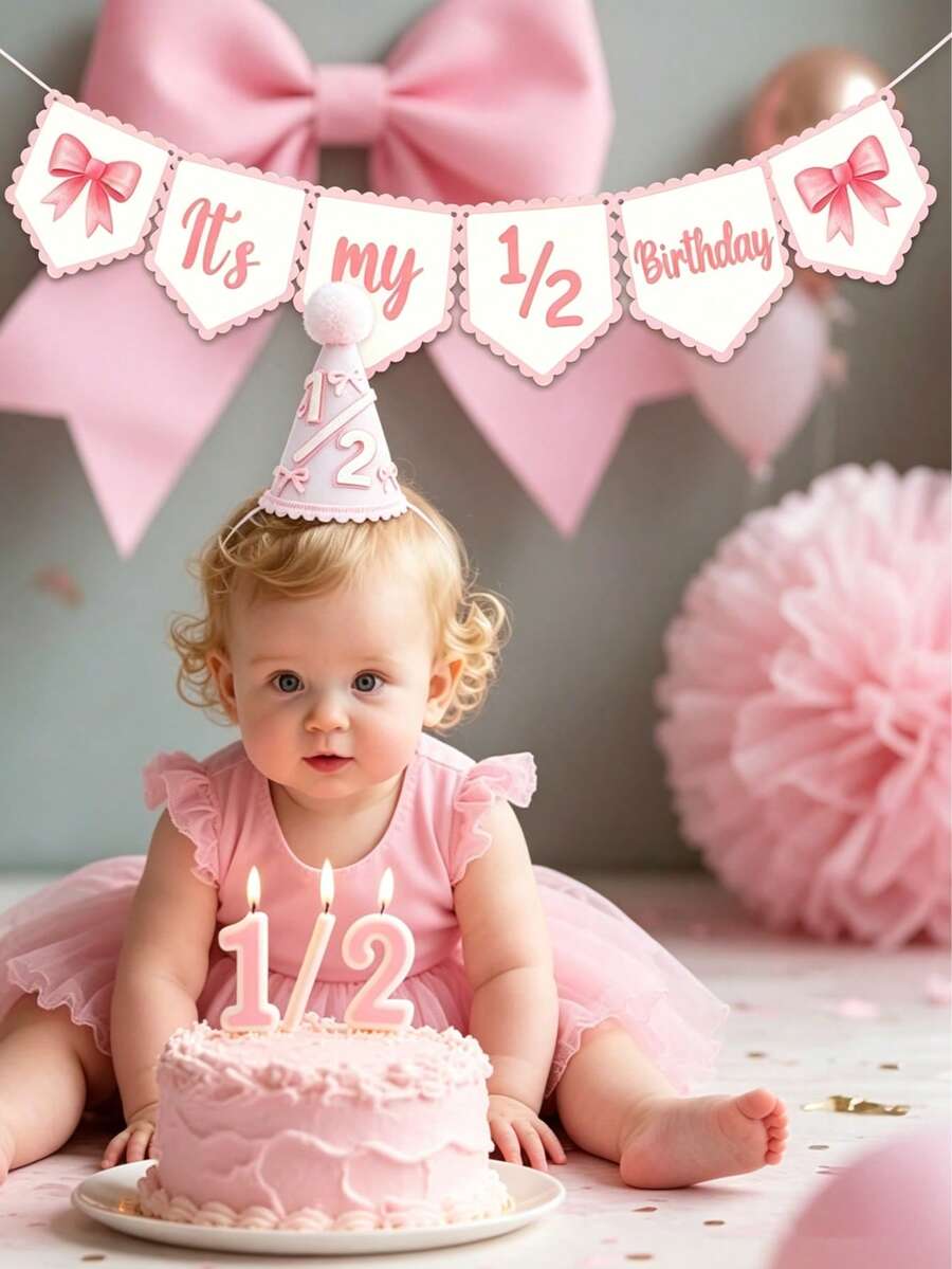 1/2pcs-"1/2 Year Old Birthday" Girl Set: Includes Hat, Decorative Banner, Princess Crown And Bow Accessories (Suitable For 6 Months Old Baby Party) Baby Party Decoration - Multicolor - View 1