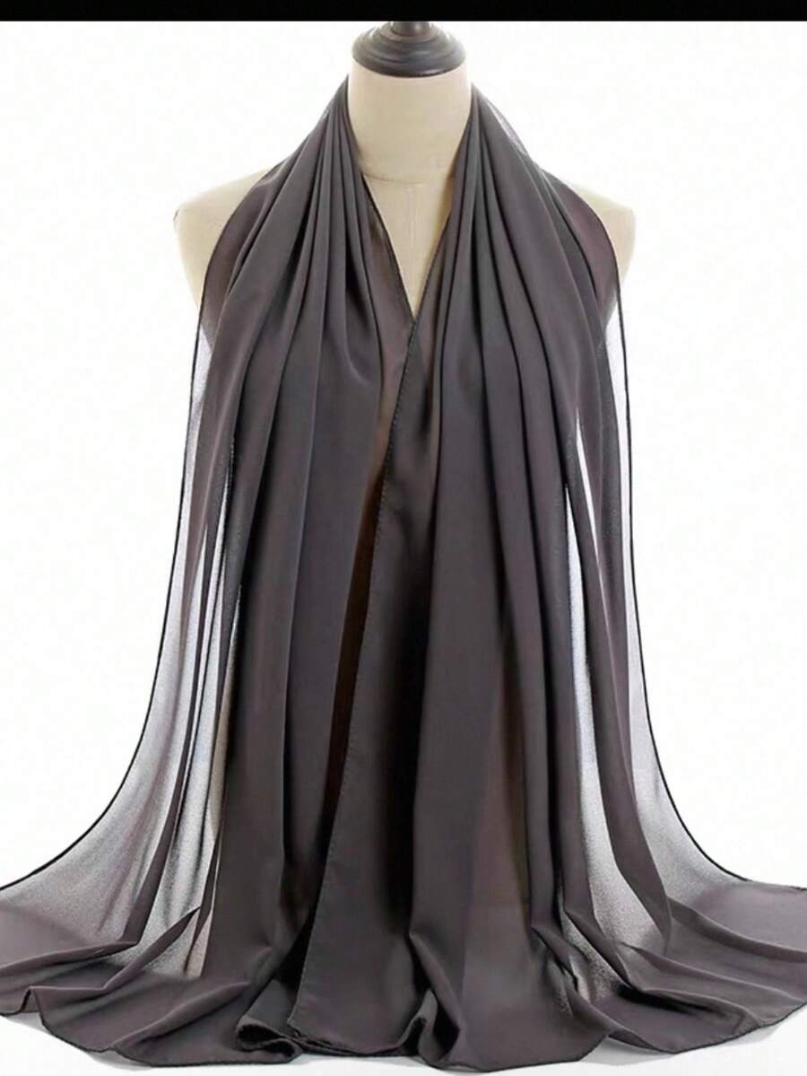 1pc Spring/Summer Casual Versatile Modest Minimalist Solid Color Soft Breathable Chiffon Scarf - Dark Grey - View 1