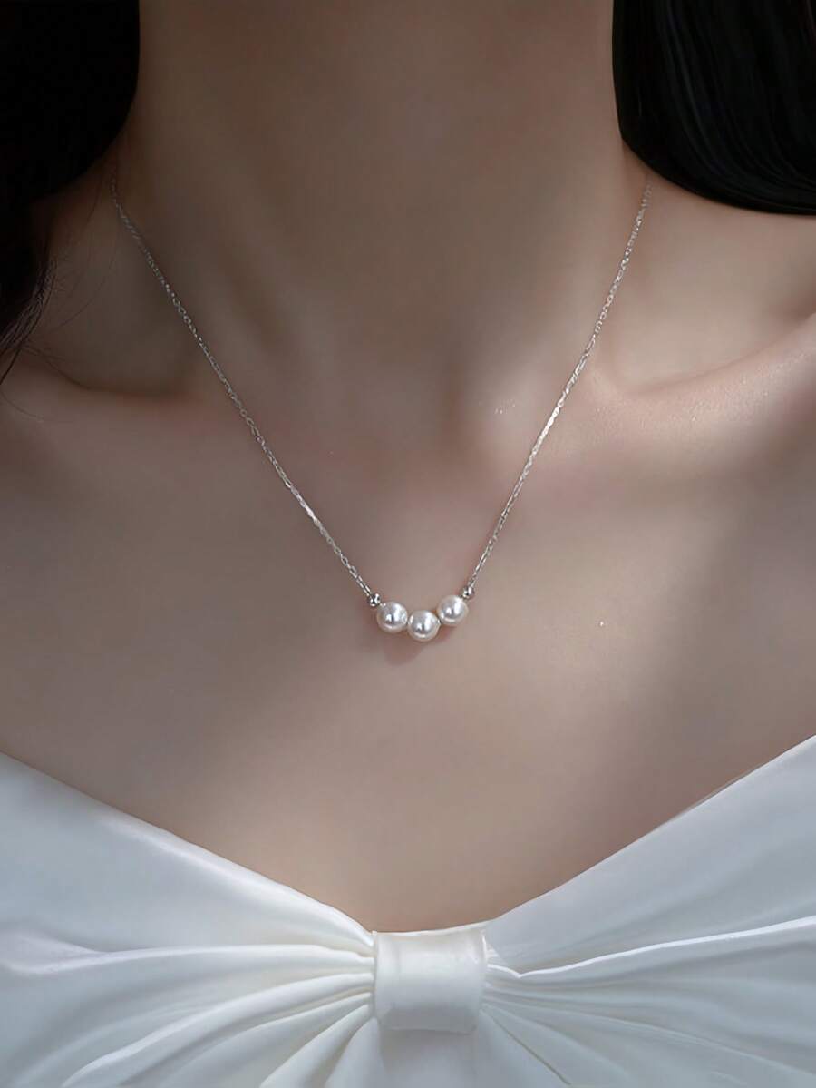 1 dây chuyền hạt tròn 3 ngọc trai phong cách tối giản thanh lịch, phù hợp cho nữ đeo hàng ngày, đi chơi lễ và dự tiệc - Bạc - Xem 1