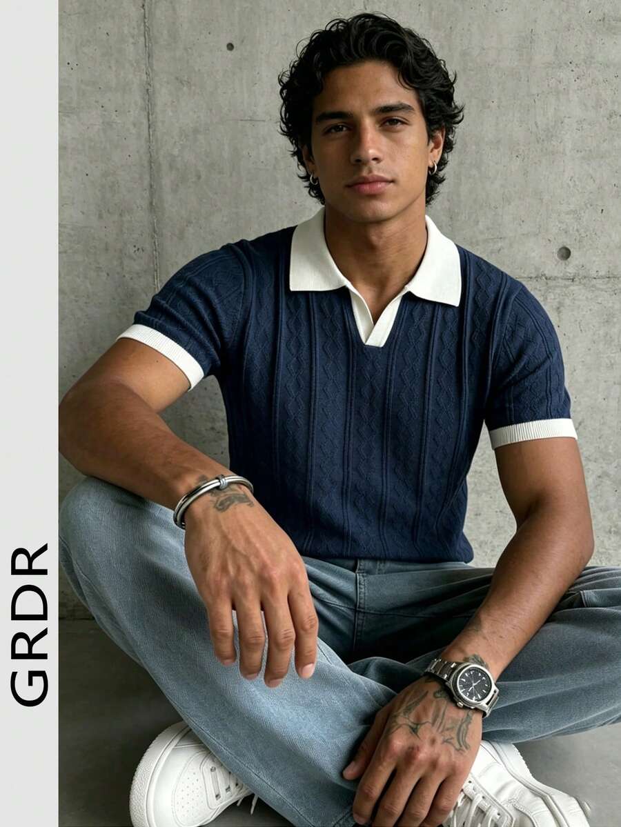 GRDR Suéter de punto de manga corta de unicolor con cuello de gaviota, ligero para hombre, adecuado para salidas de verano, esencial para un estilo de moda