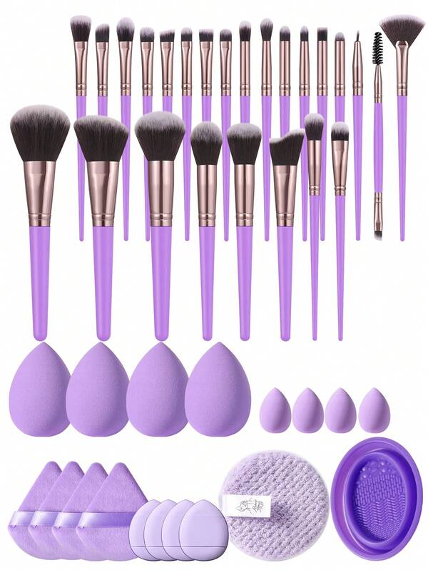 43PCS Makeup Tools Set Including: 25PCS Makeup Brush Set+4PCS Triangle Powder Puffs+4PCS Mini Air Cushion Powder Puffs+1pc Makeup Brush Cleaning Tools+4PCS Makeup Sponges+4PCS Mini Makeup Sponges+1pc Facial Cleansing Sponges