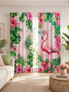 2pcs Flamingo Print Curtains,Tropical Floral Leaf Rod Pocket Curtains,Pink Girly Bedroom Curtains,Boho Home Decor,Living Room Balcony Window Treatments,Vacation Style Room Setting,Curtain Panels - Multicolor - View 1