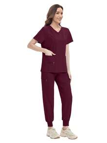 Women's Doctor/Nurse Uniform Set, Hospital Operating Room Surgical Gown, Beauty SPA Workwear - Burgundy - View 3