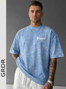 GRDR Men's Retro American Style Minimalist Letter Washed Round Neck Short Sleeve T-Shirt, Comfortable & Breathable For Summer - Baby Blue - View 7