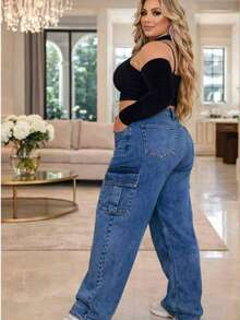 Women's High-Waisted Blue Premium Plus Size Wide Leg Cargo Jeans - 藍色 - 查看 2