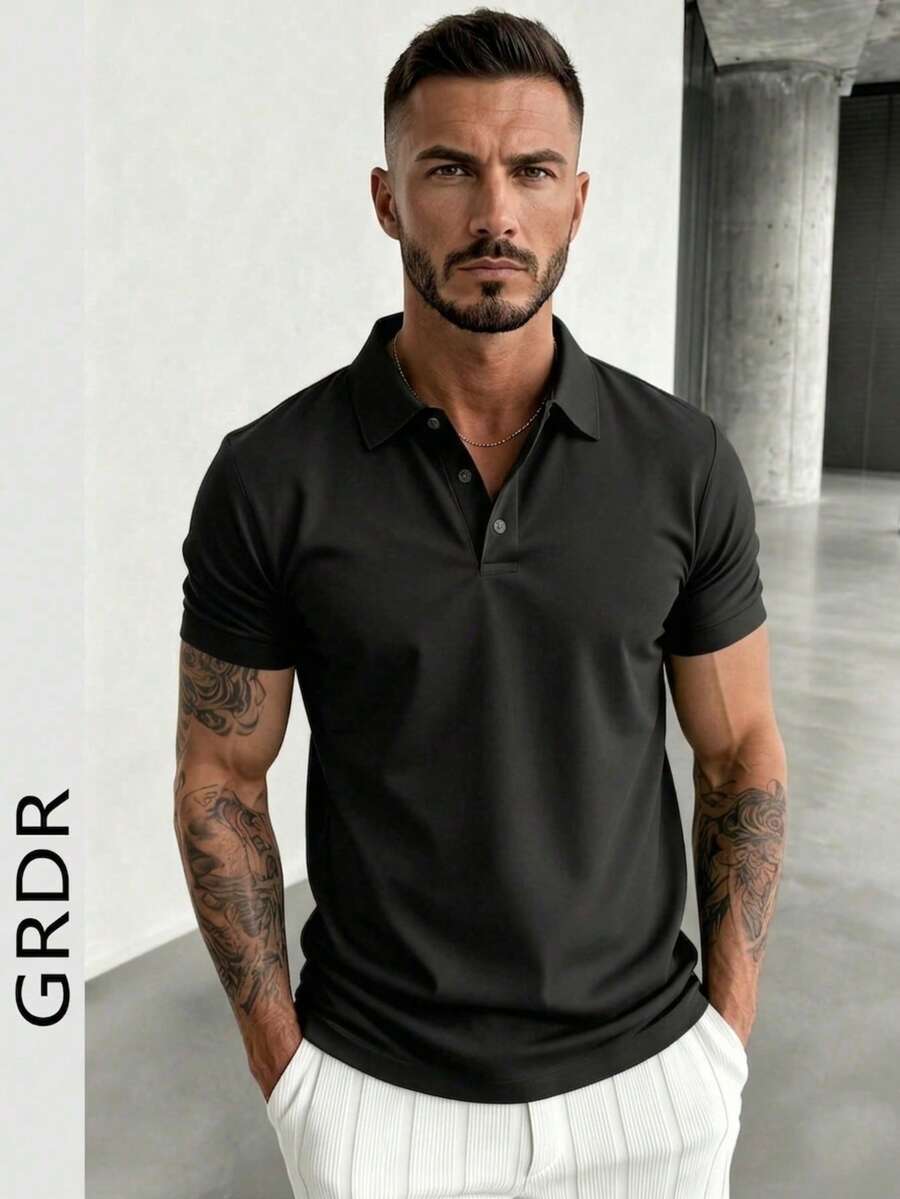 GRDR 男士时尚短袖休闲通勤 Polo 衫 - 黑色 - 查看 1