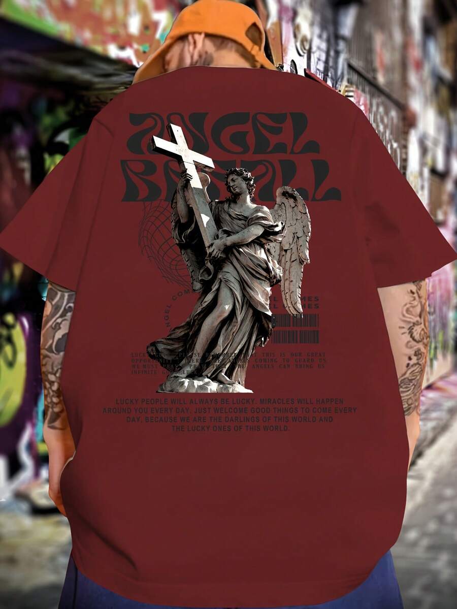 Men's T-Shirt With Angel Print - Burgundy - View 1