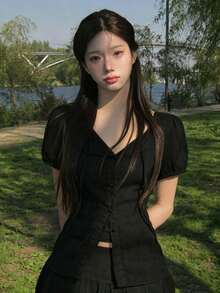 Summer Sweet Cinched Cinched Waist Versatile Ribbon Sexy Petal Sleeve Short Sleeve Blouse Top Black - Black - View 2