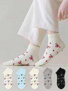 ZUJO 5 Pairs Bowknot Polka Dot Pattern Sweet Short Socks For Women, Soft And Breathable, Suitable For All-Season Daily Wear - Multicolor - View 4