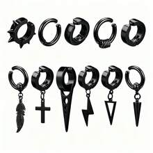 11 Pcs/Set Punk Hip Hop Clip-On Earrings, Stud Ear Cuffs, Feather Dangle Ear Cuffs, Stainless Steel Non-Piercing Ear Cuffs, For Men - Ear Clip - View 4