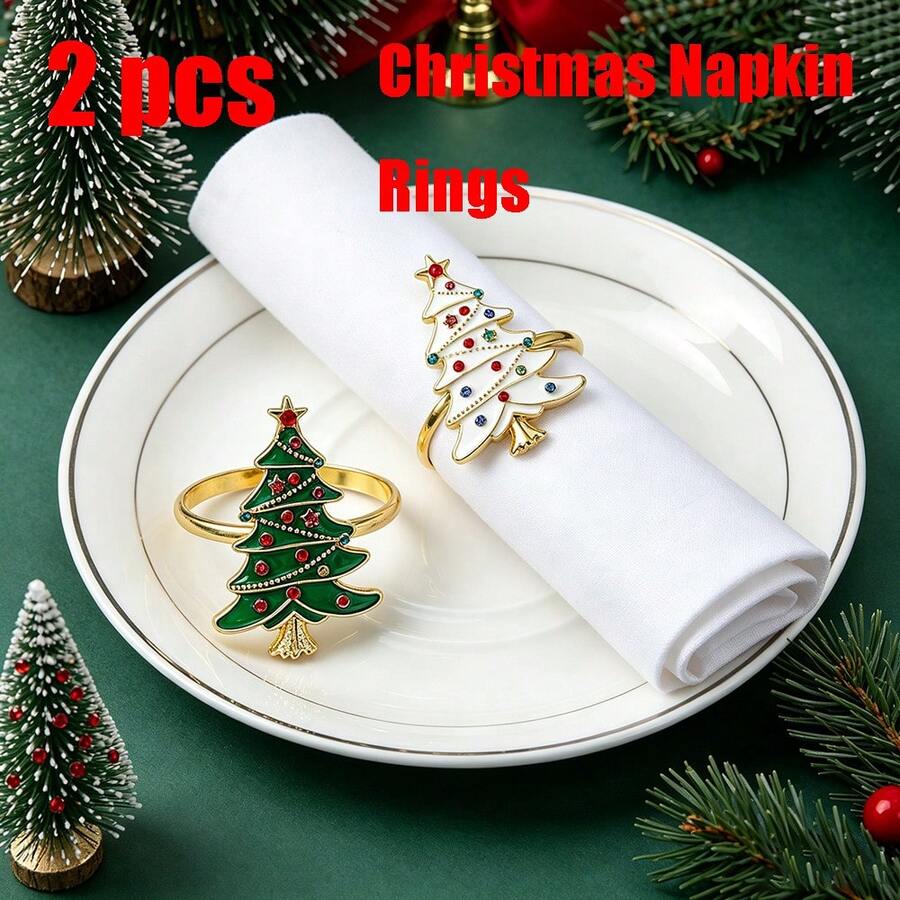 2件組聖誕樹餐巾環,金色水鑽聖誕樹造型,合金材質餐桌裝飾,節日派對餐廳裝飾餐巾環,聖誕餐桌裝飾餐巾環,節日派對桌面擺飾 - 多色 - 查看 1