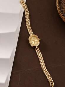 2pcs Fashion Minimalist Classic Women's Quartz Watch, Versatile Oval Roman Numeral Dial, With Chain Steel Bracelet, Paired With Luxury Rhinestone Bracelet Set, Perfect Gift Set For Women - Gold - View 4