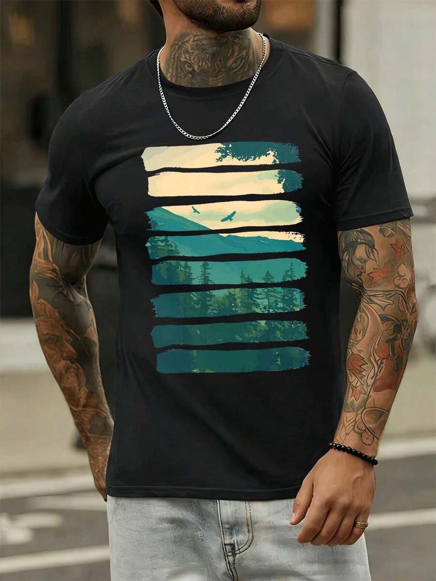 Herren-T-Shirt Mit Berg-Sonnenuntergangsmotiv, Premium-Baumwolle, Rundhalsausschnitt, Bequeme Pa S Form, L?Ssig - White - View 1