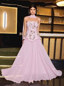 Elegant Women's Mermaid Style Formal Dress, Featuring Beaded Details, Intricate Embroidery And Sequin Design, 2 In 1 Style With Shawl, Soft Fabric Suitable For Evening Gala, Party, And Other Occasions - Pink - View 2