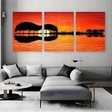 3 Panel Guitar Tree Lake Sunset Posters Wall Arts Posters Home Decor Posters Paintings Modern Living Room Bedroom Decoration Optional Framework - Multicolor - View 4
