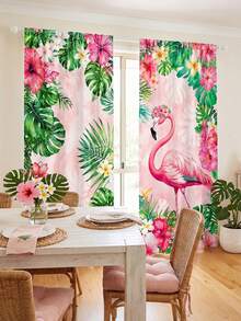 2pcs Flamingo Print Curtains,Tropical Floral Leaf Rod Pocket Curtains,Pink Girly Bedroom Curtains,Boho Home Decor,Living Room Balcony Window Treatments,Vacation Style Room Setting,Curtain Panels - Multicolor - View 9