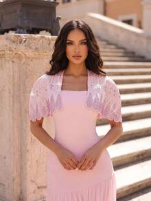 New Heavy Embellished Luxury Diamond Shawl + Bandage Dress 2-Piece Set, Flowing Mesh Skirt, Elegant Glamorous Birthday Party Bandage Dress - Pink - View 9