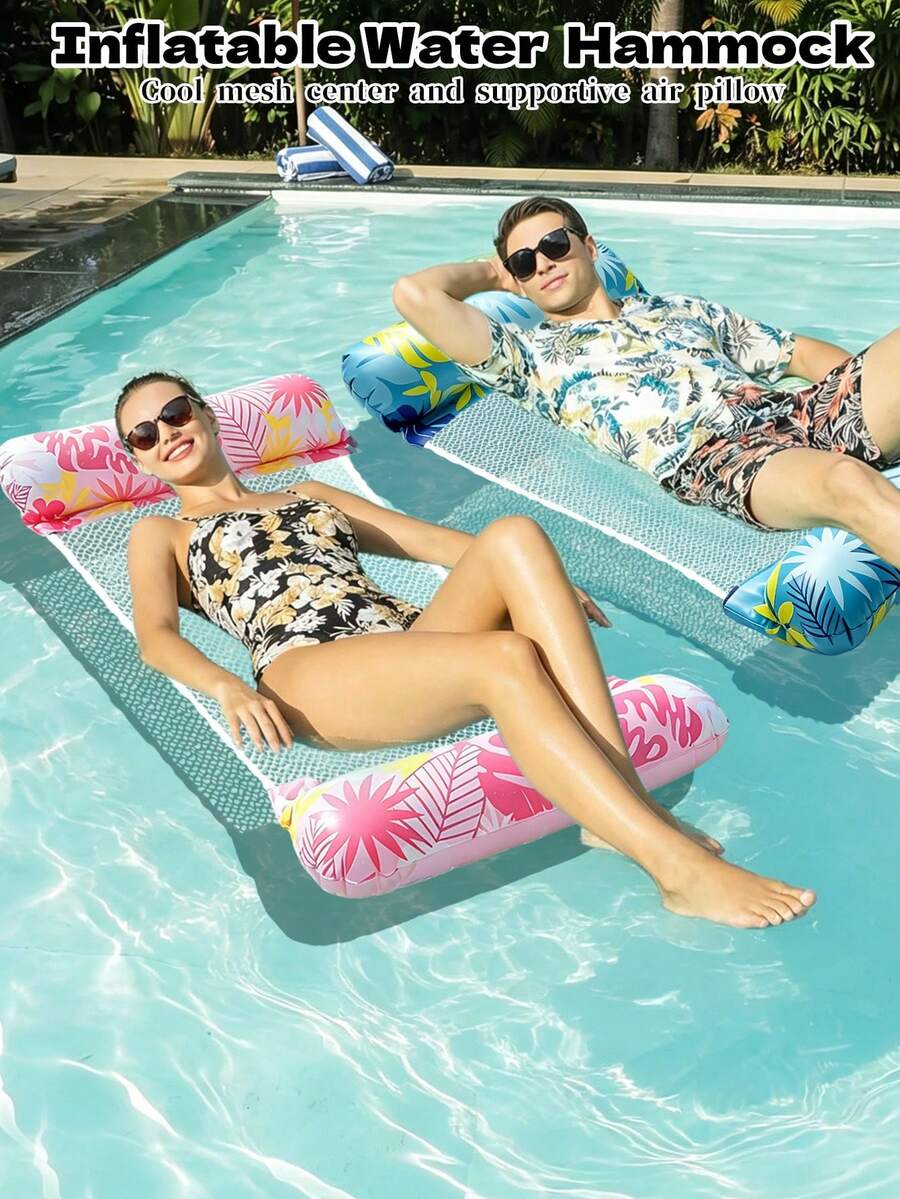 Tropical Palm Leaf Print Inflatable Water Hammock, Breathable Mesh Pool Lounge Chair With Support Air Cushion, Lightweight Adult Floating Bed For Pool, Beach And Lake - Multicolor - View 1